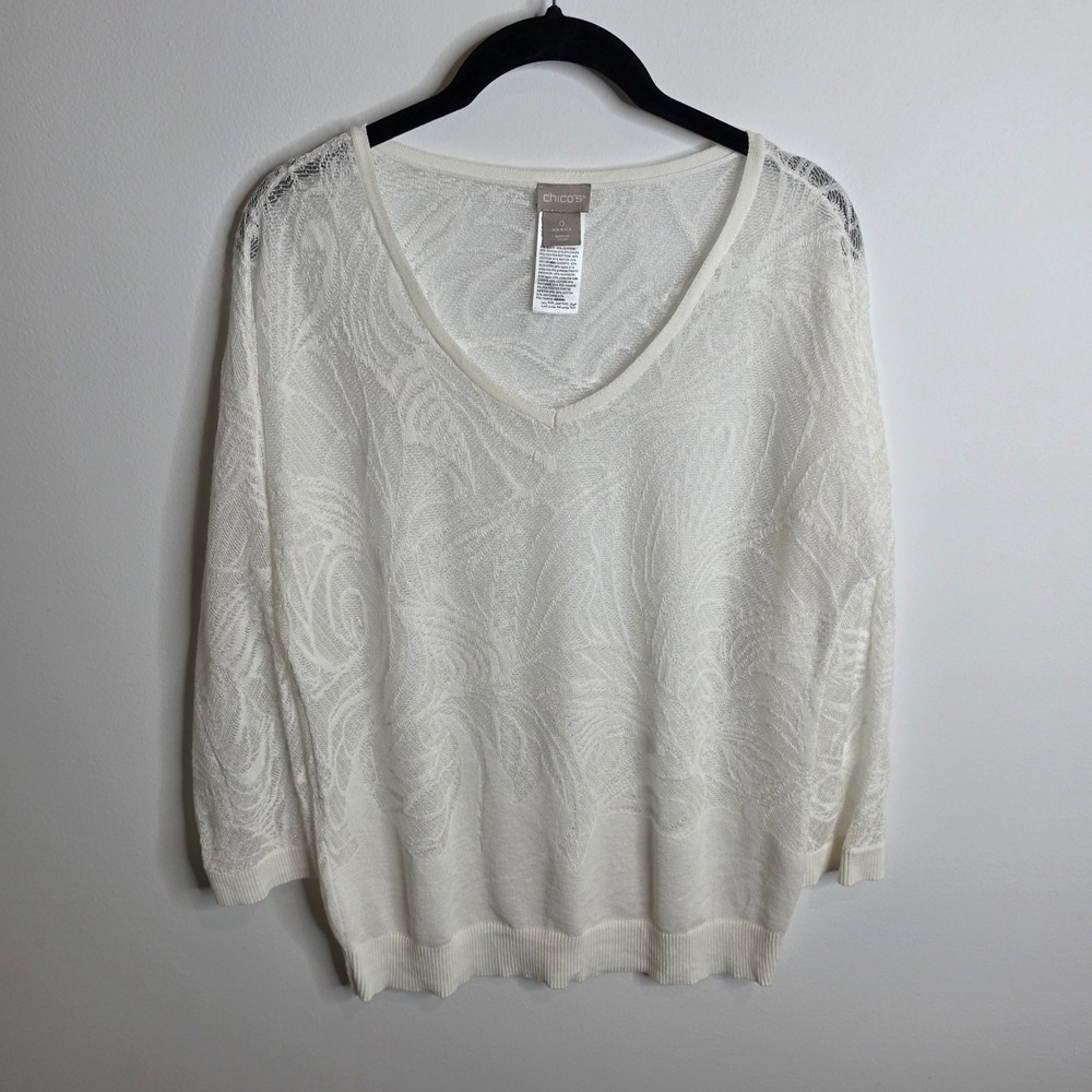 Chico's Paisley Burnout V-Neck Sweater Womens 0 (Small)